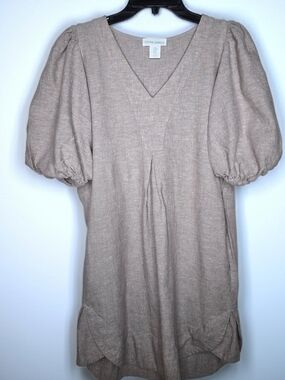 Cynthia Rowley Linen Blend  Taupe Puff-Sleeve V-Neck Dress Womens Size XS